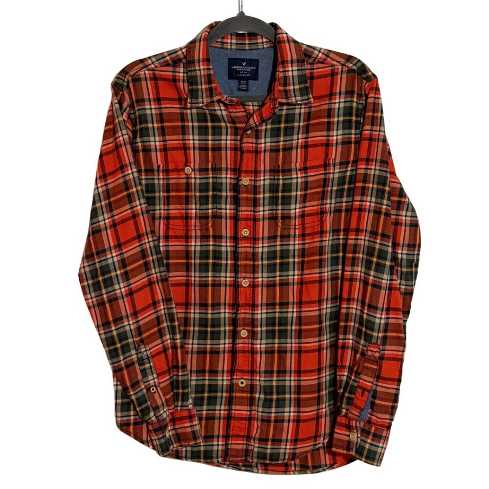 American Eagle Flannel Cotton Shirt Plaid Red Buffalo Button Mens M